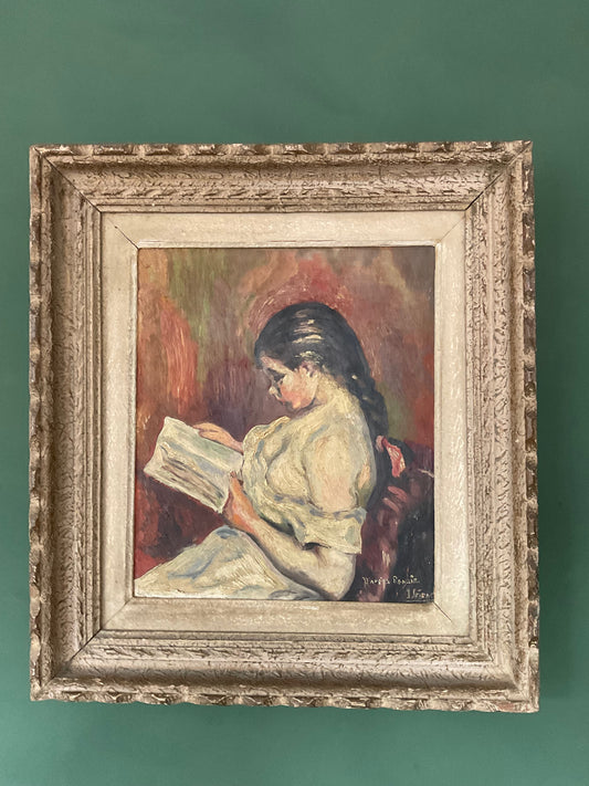 Vintage Oil Painting, French Inspired by Renoir’s Young Girl Reading, Portrait Study