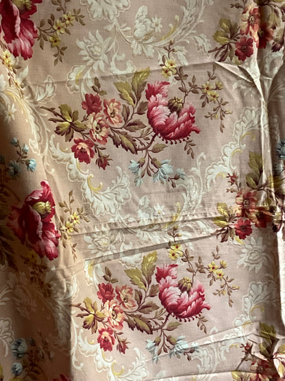 Antique French Fabric, Vintage Floral Cotton Panel. Pink Magnolias, Red Clematis. Decorative Textile. Home Decor & Interiors