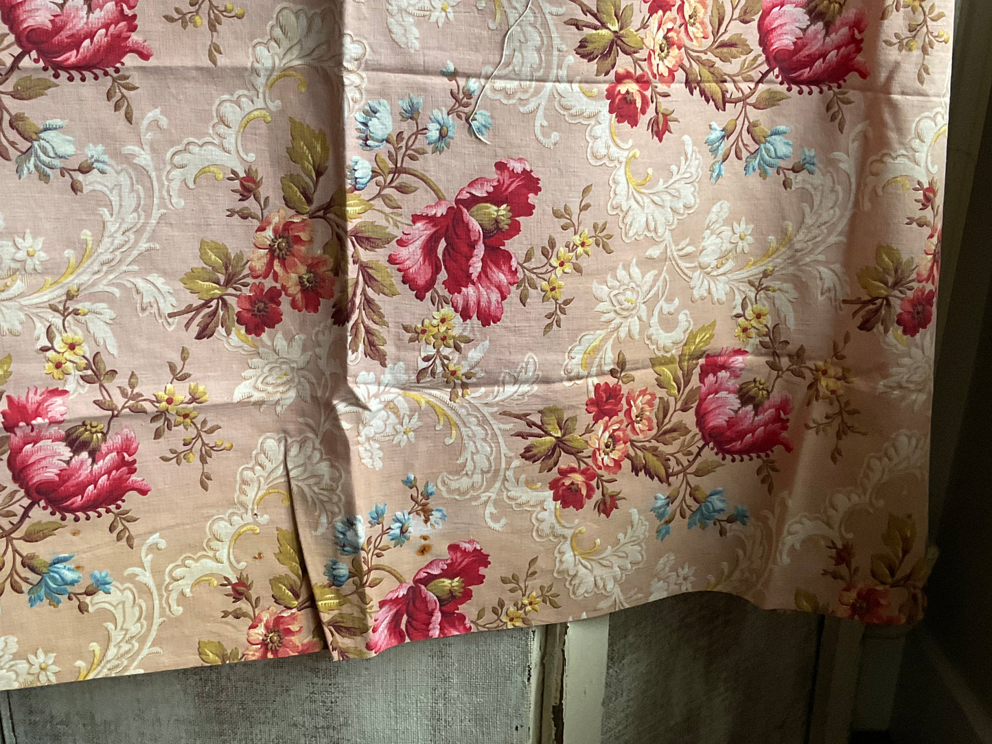 Antique French Fabric, Vintage Floral Cotton Panel. Pink Magnolias, Red Clematis. Decorative Textile. Home Decor & Interiors