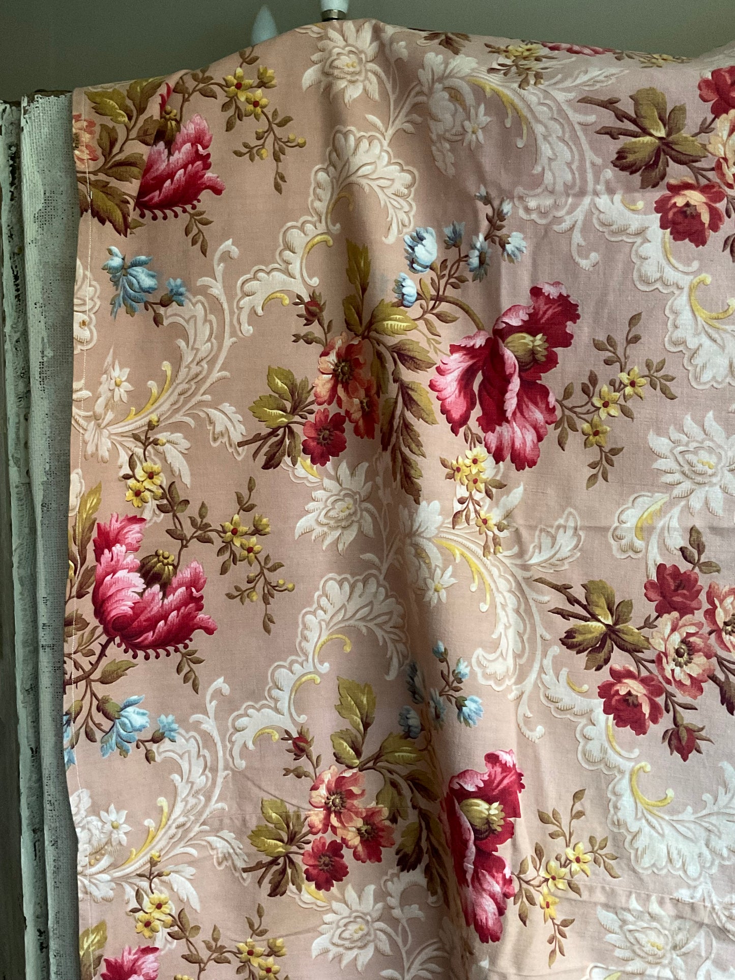 Antique French Fabric, Vintage Floral Cotton Panel. Pink Magnolias, Red Clematis. Decorative Textile. Home Decor & Interiors