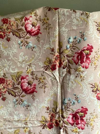 Antique French Fabric, Vintage Floral Cotton Panel. Pink Magnolias, Red Clematis. Decorative Textile. Home Decor & Interiors