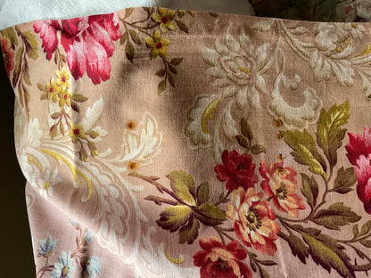 Antique French Fabric, Vintage Floral Cotton Panel. Pink Magnolias, Red Clematis. Decorative Textile. Home Decor & Interiors