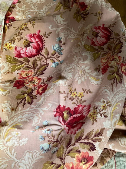 Antique French Fabric, Vintage Floral Cotton Panel. Pink Magnolias, Red Clematis. Decorative Textile. Home Decor & Interiors