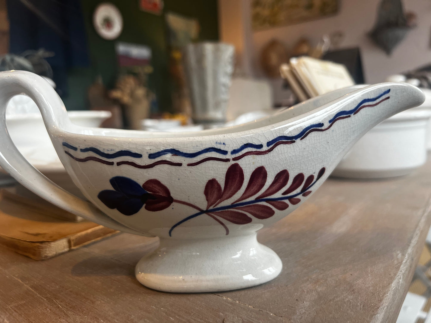 Vintage Gravy Boat, French faience Creamer Jug. Hand painted floral pattern, Sayce Dish, Provençal Dinner Table Kitchen