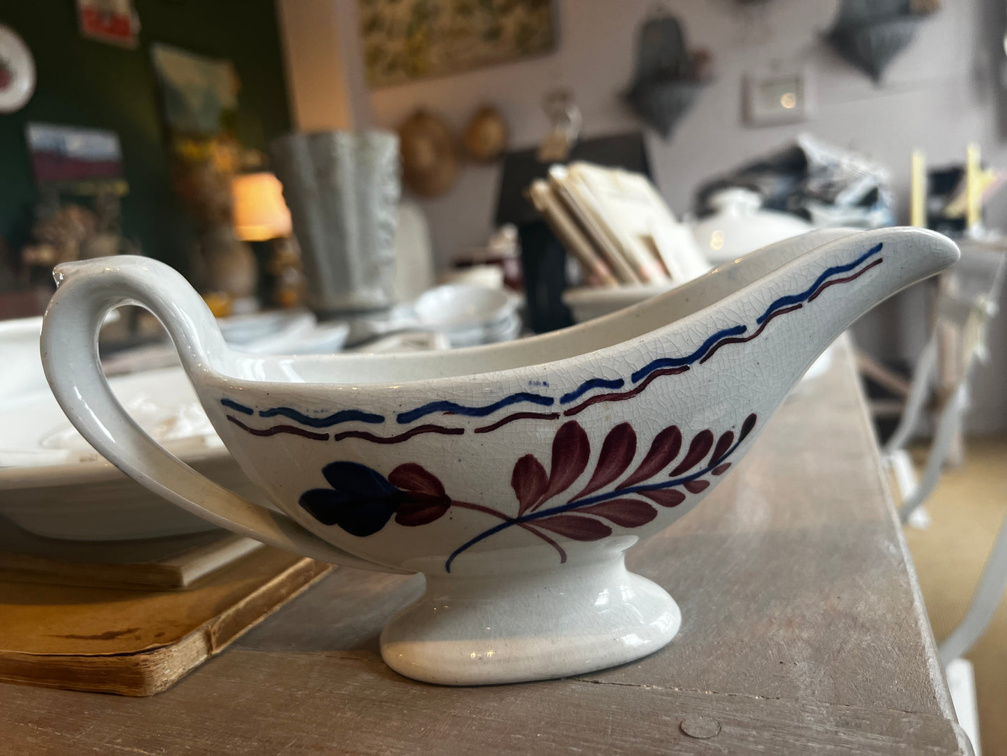 Vintage Gravy Boat, French faience Creamer Jug. Hand painted floral pattern, Sayce Dish, Provençal Dinner Table Kitchen